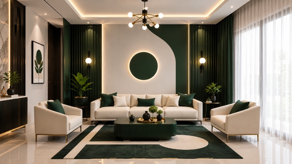 ALVEQUE INTERIORS luxury living space with fluted emerald green wall, curved arch backdrop, and warm chandelier lighting in Hyderabad